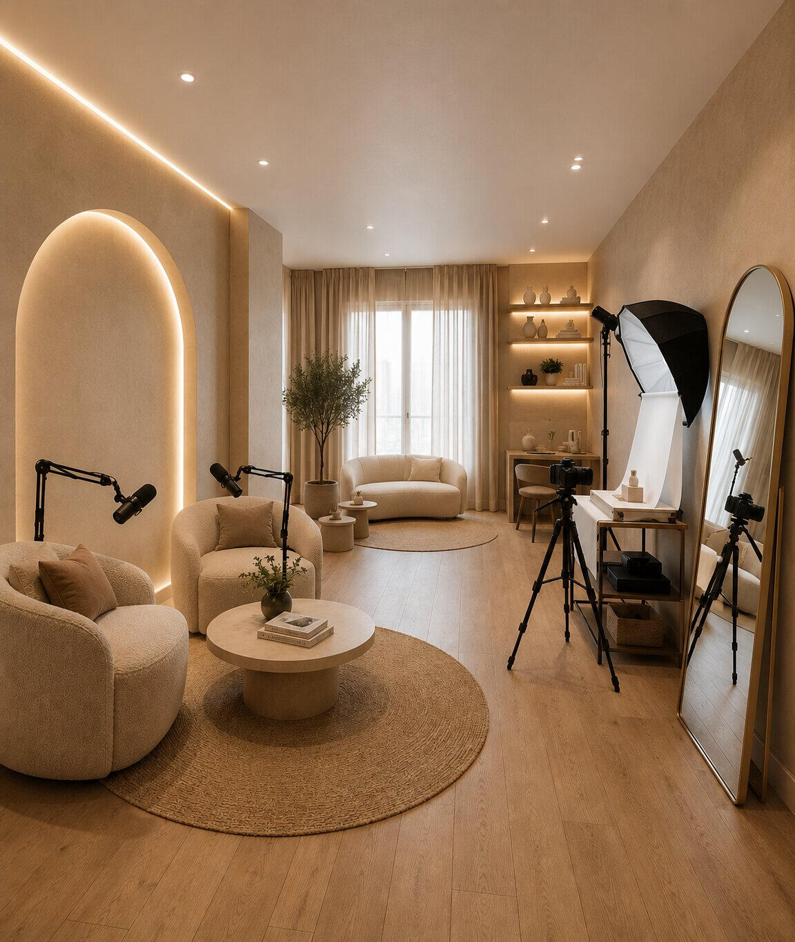 Boutique Content Creation Studio in Pretoria | The Creator Studio Concept render of The Creator Studio, a boutique content creation studio in Magalieskruin, Pretoria, designed for podcasts, personal branding, product photography and social media content.